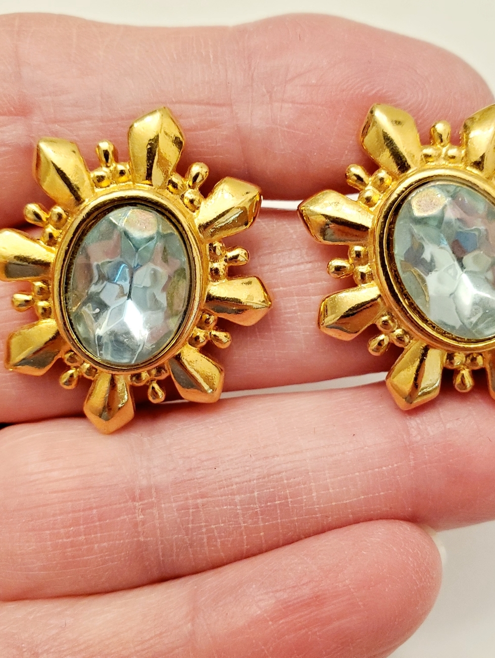 AVON Gold Sunburst Blue Crystal Stud Earrings, Post Back, 1980's Vintage